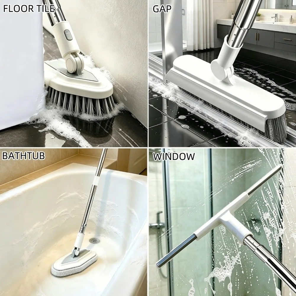 Long Handle Bathroom Cleaning Brush Detachable Plastic Glass Scraping Brush Replaceable Brush Head Efficient Floor Brush