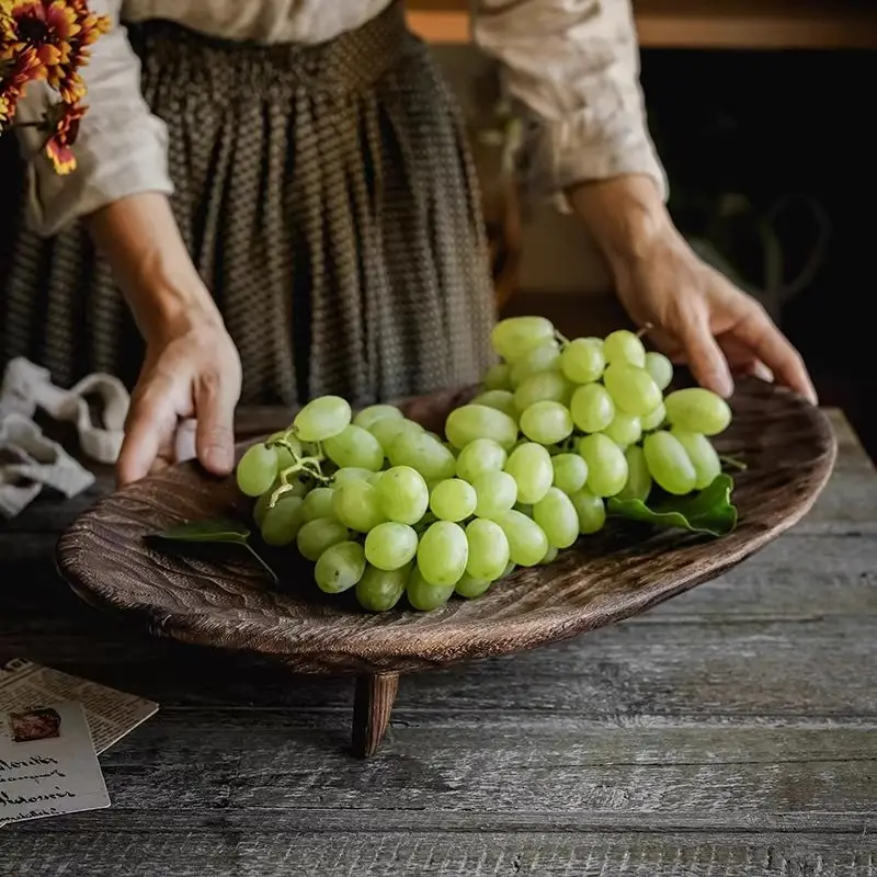 Retro Solid Wood Fruit Plate Desktop Decoration Ornament Living Room Wooden Tray Storage Snack Trays Kitchen Decorative Tray