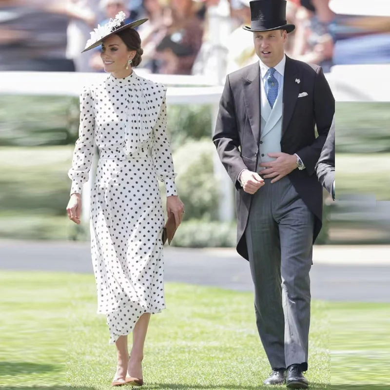 Imagem -02 - Elegante Kate Middleton Vestido Polka Dot Print Vestido Longo Manga Comprida Primavera Outono Escritório Senhora Trabalho Formal Vestidos de Festa Casuais