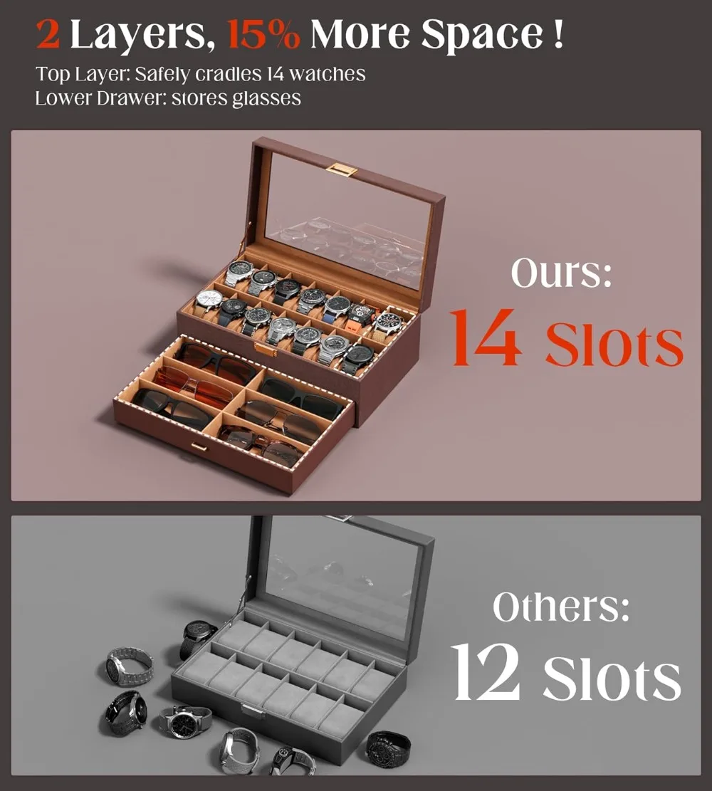 14-Slot Watch Box for Men – Real Glass Lid, 2-Layer PU Leather Display Case with Eyeglasses Storage, Brown