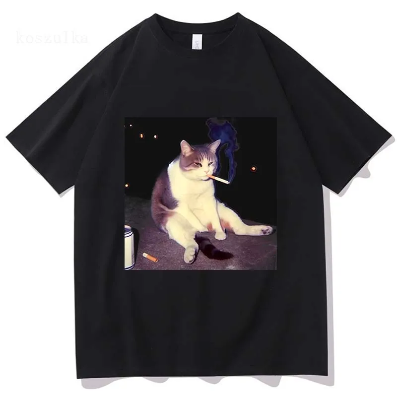 Camiseta Gráfica Vintage de Algodão Casual com Gato Engraçado Fumando Cigarro, Meme de Gato Estúpido e Brainrot, Moda Masculina e Feminina
