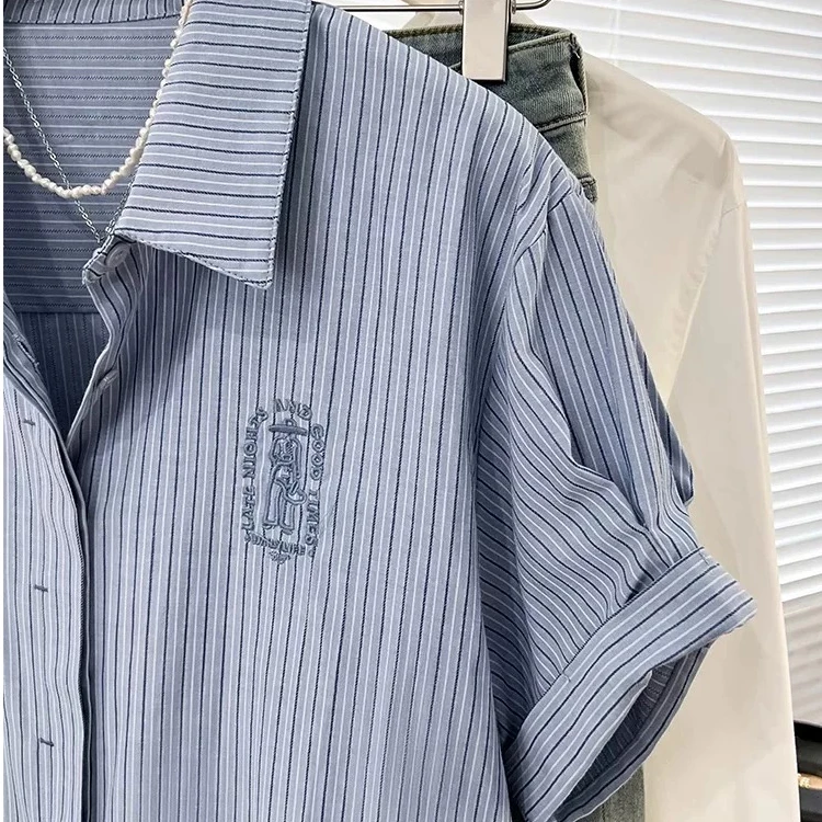 

Blue Striped Print ort Sve Loose Fit oulder Women's irt Casual Sle Summer New Arrival Collar Button up Top