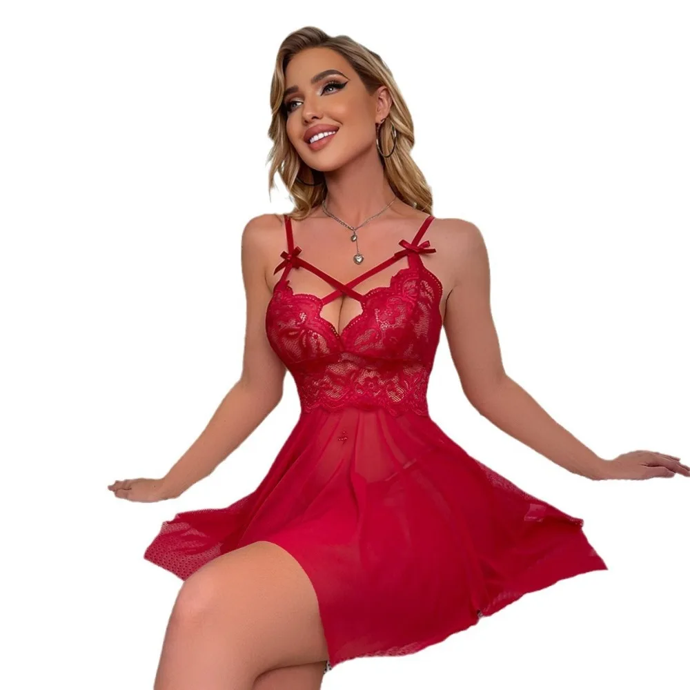 

Модная кружевная сексуальная ночная сорочка из мягкой ткани с V-образным вырезом, однотонная, мини-длина, ночное белье