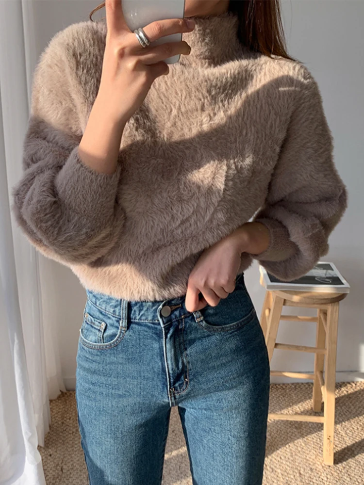 JMPRS Pullover Women Short Sweater Fashion Hairy Lantern Sleeve Autumn Female Jumper Knit Casual Korean Style Ladies Black Tops