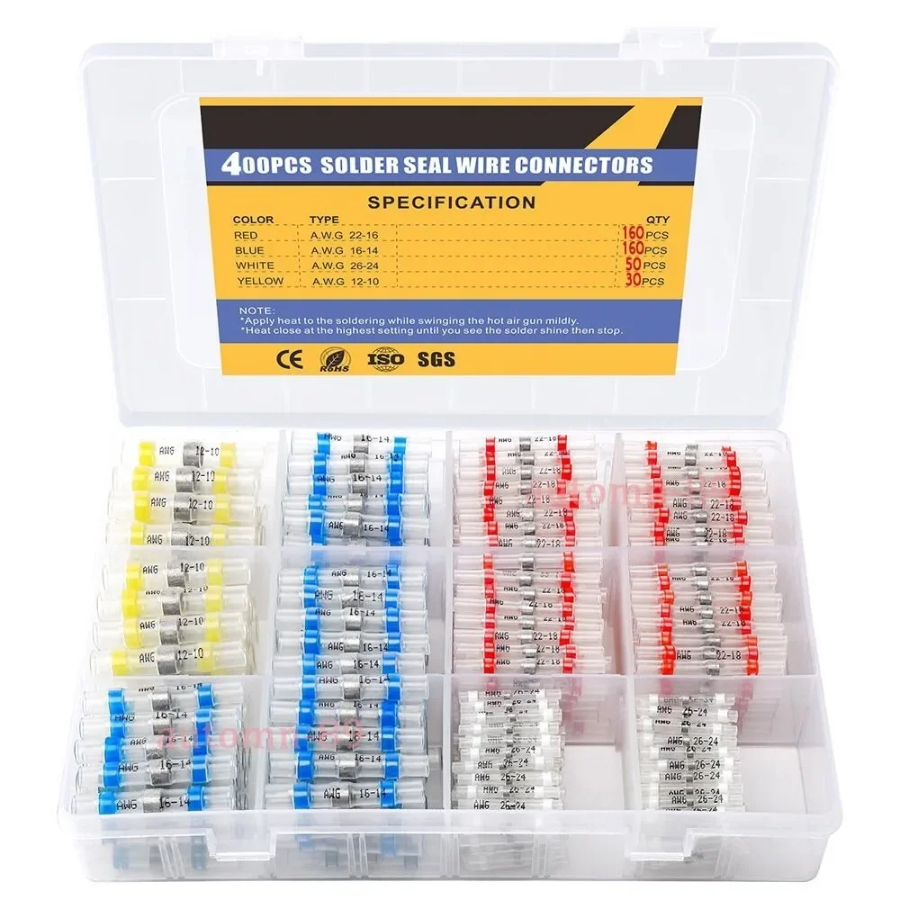 400Pcs Waterproof Solder Seal Butt Heat Shrink Wire Connectors Terminals Solder Ring Terminal AWG12-10 16-14 22-18 26-24 Kit