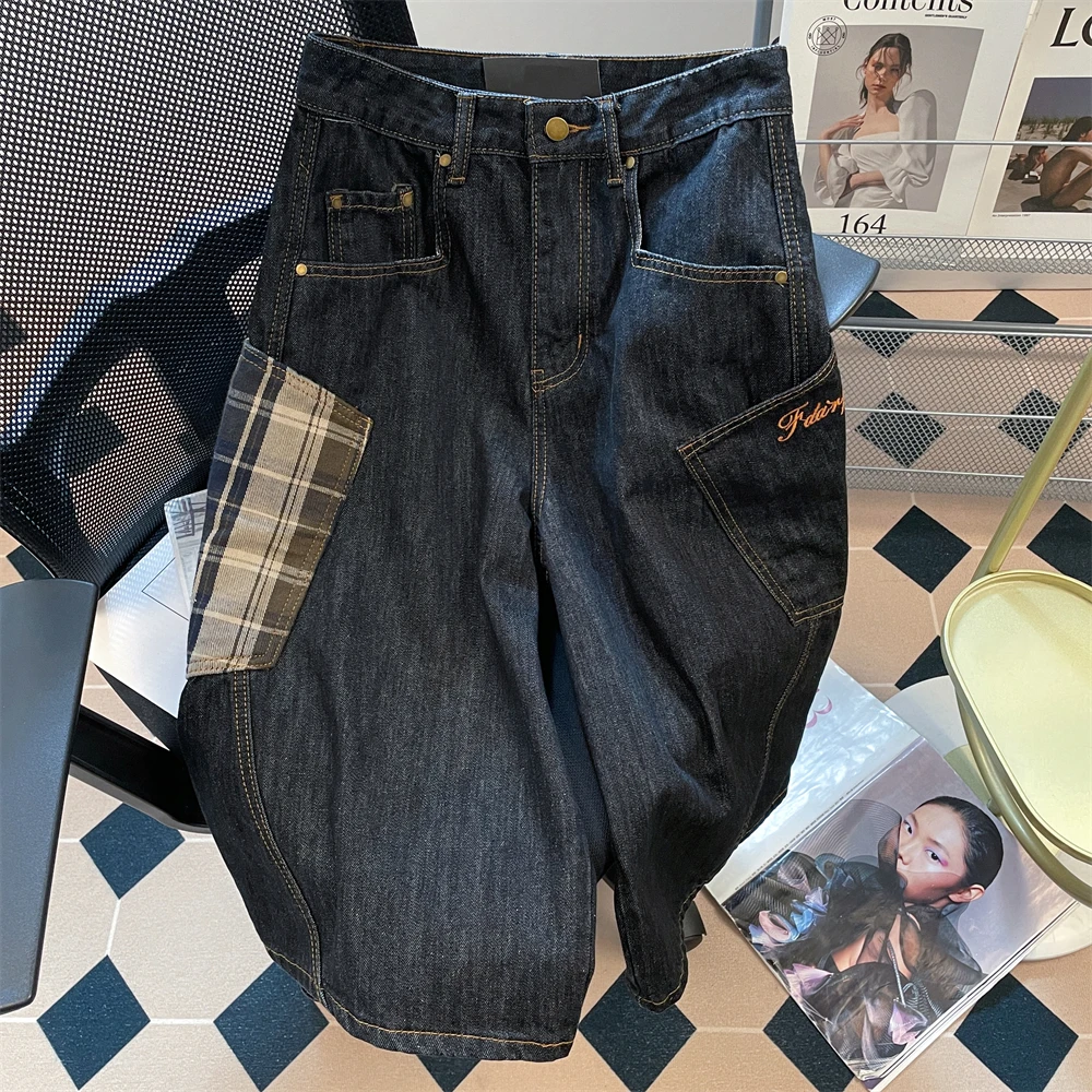 

Мужские джинсы-брюки в стиле ретро, с американским клетчатым узором, в стиле рабочей одежды, с высокой талией, шикарные, в стиле Гонконга, с широкими штанинами, длиной семь футов