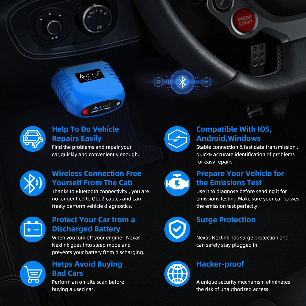 NEXAS NexLink بلوتوث 5.0 Obd2 EOBD ماسح ضوئي للسيارات لنظام التشغيل iOS أندرويد ويندوز قارئ رمز الخطأ أداة مسح ضوئي تشخيصي
