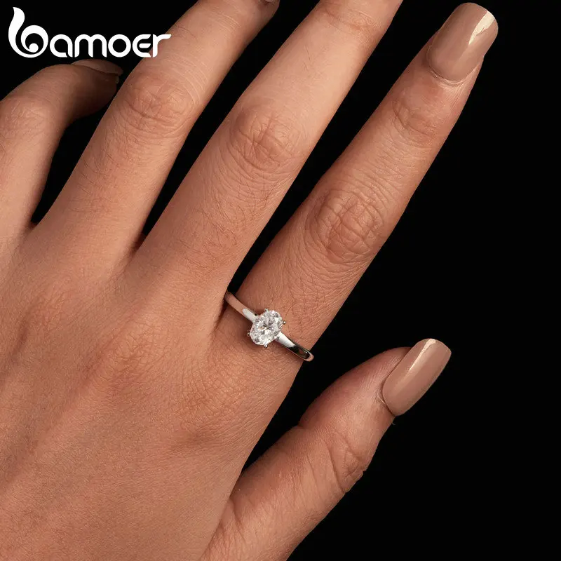 BAMOER Platinum Plated 1.0CT Moissanite Ring for Women Oval Ring Engagement Moissanite with Certificate 925 Sterling Silver Ring