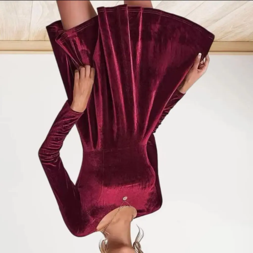 

Women Fall Spring Dress O Neck A-line Big Swing Solid Color Long Sleeves Velvet Fabric Above Knee Length Short Dress for Dating