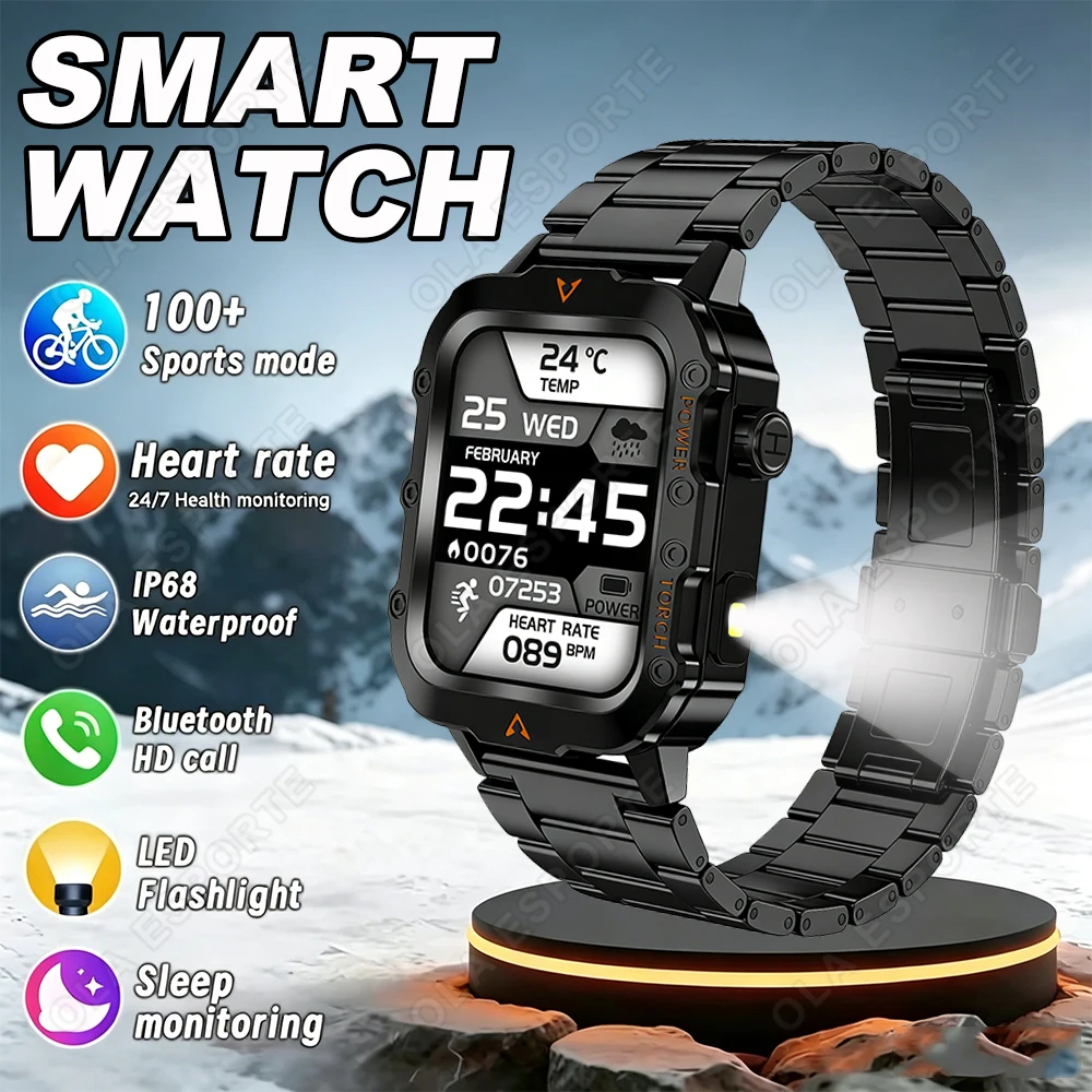 2026 Neue Militärische Smartwatch für Herren Sport-Fitness-Tracking Schlafüberwachung Wasserdichte Taktische Taschenlampe Robuste Smartwatch HW12