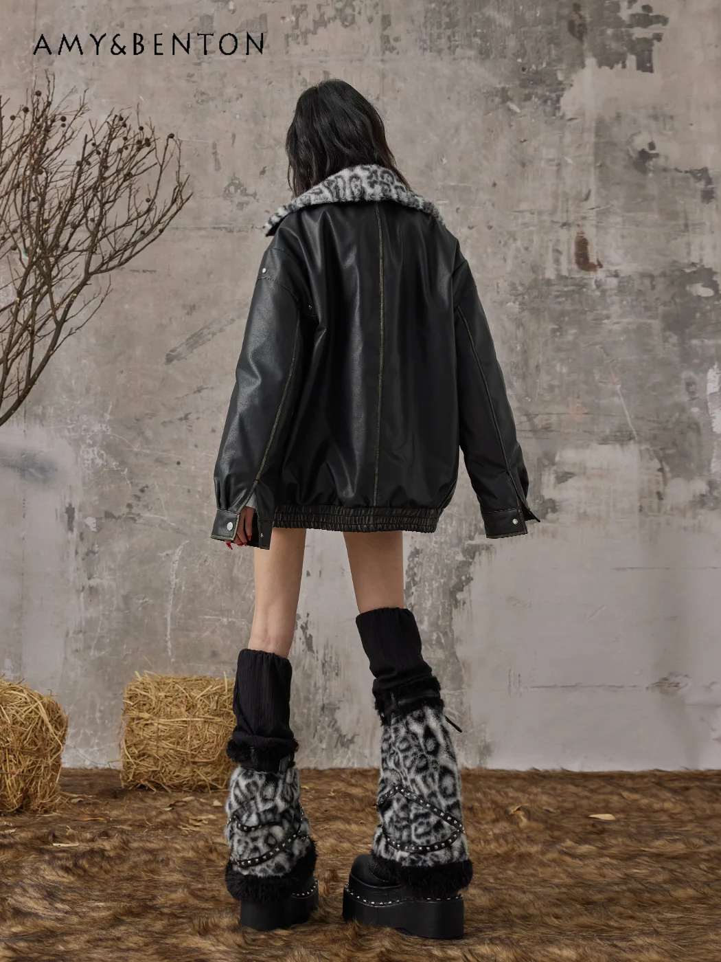 Original Subculture Punk Y2k Splicing Leopard Print Riveting Plush Legwarmers Autumn Winter Street Thickened Fur Leg Warmers