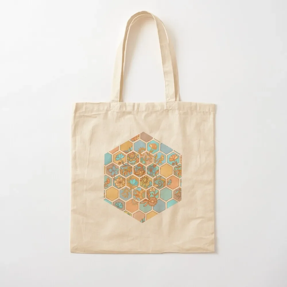 

Golden Honeycomb Tangle - hexagon doodle in peach, blue, mint & cream Tote Bag shopping bag logo personalized tote bag