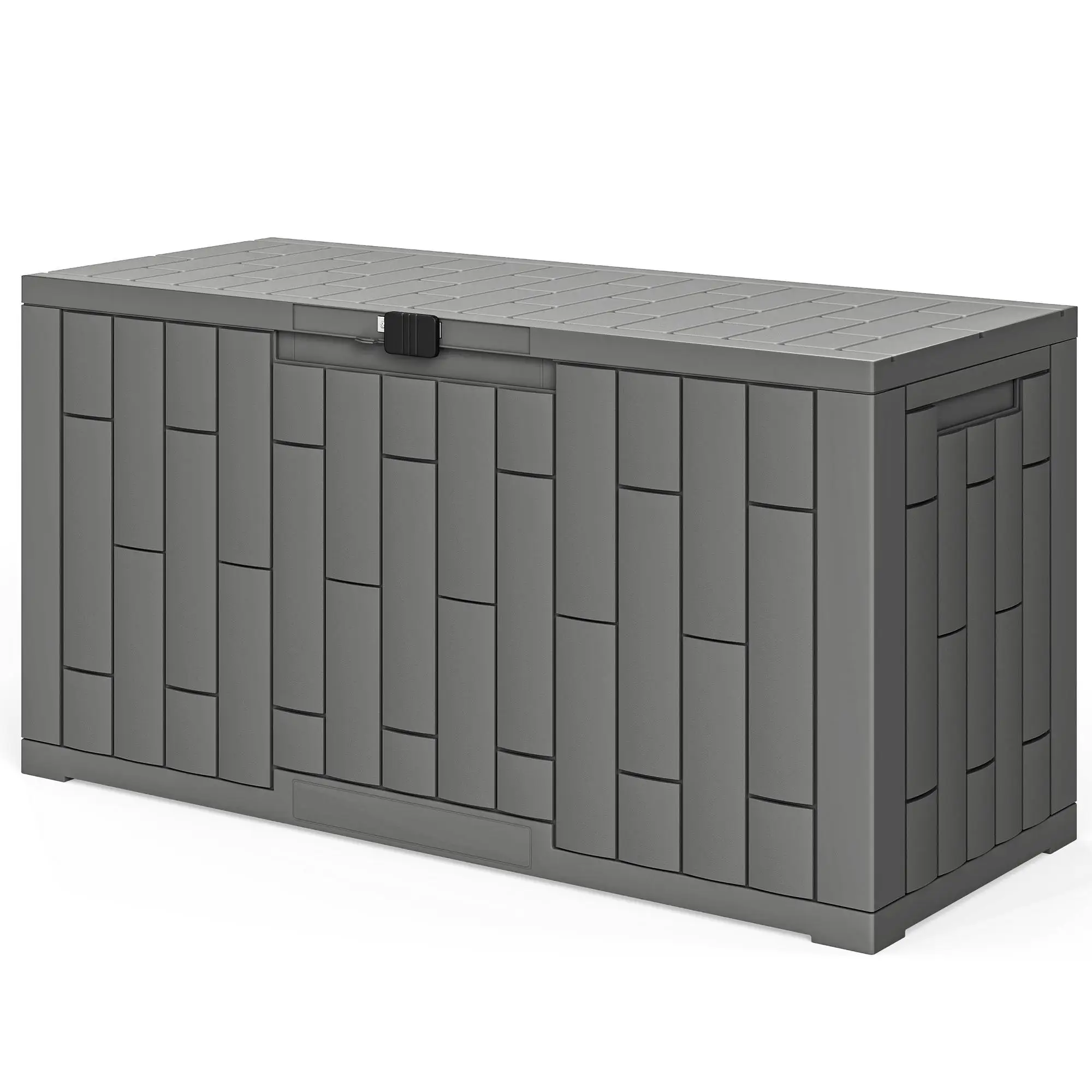 Caja de jardín de 227L, impermeable, resistente a los rayos UV, con cierre y resorte de gas, aspecto madera, 106,5 × 43 × 54,5 cm, gris
