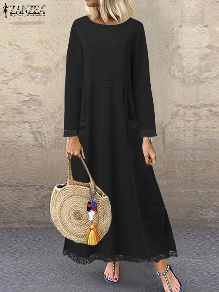 2025ZANZEA Herbst Winter Sweatshirt Kleid Frauen Langarm Warme Fleece Sommerkleid O Neck Spitze Patchwork Maxi Kleider Robe Femme