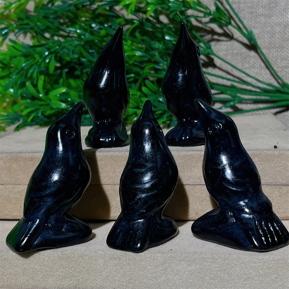 Crystal Natural Black Obsidian Crow Bird Carving Craft Cranium Healing Gemstones Quality Minerals Spiritual Home Decoration