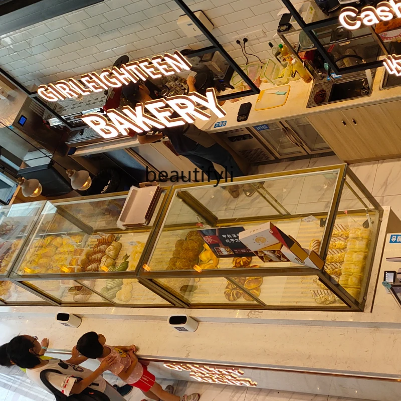 Bread display cabinet, island cabinet, glass display stand, cake shop display cabinet, commercial wrought iron frame