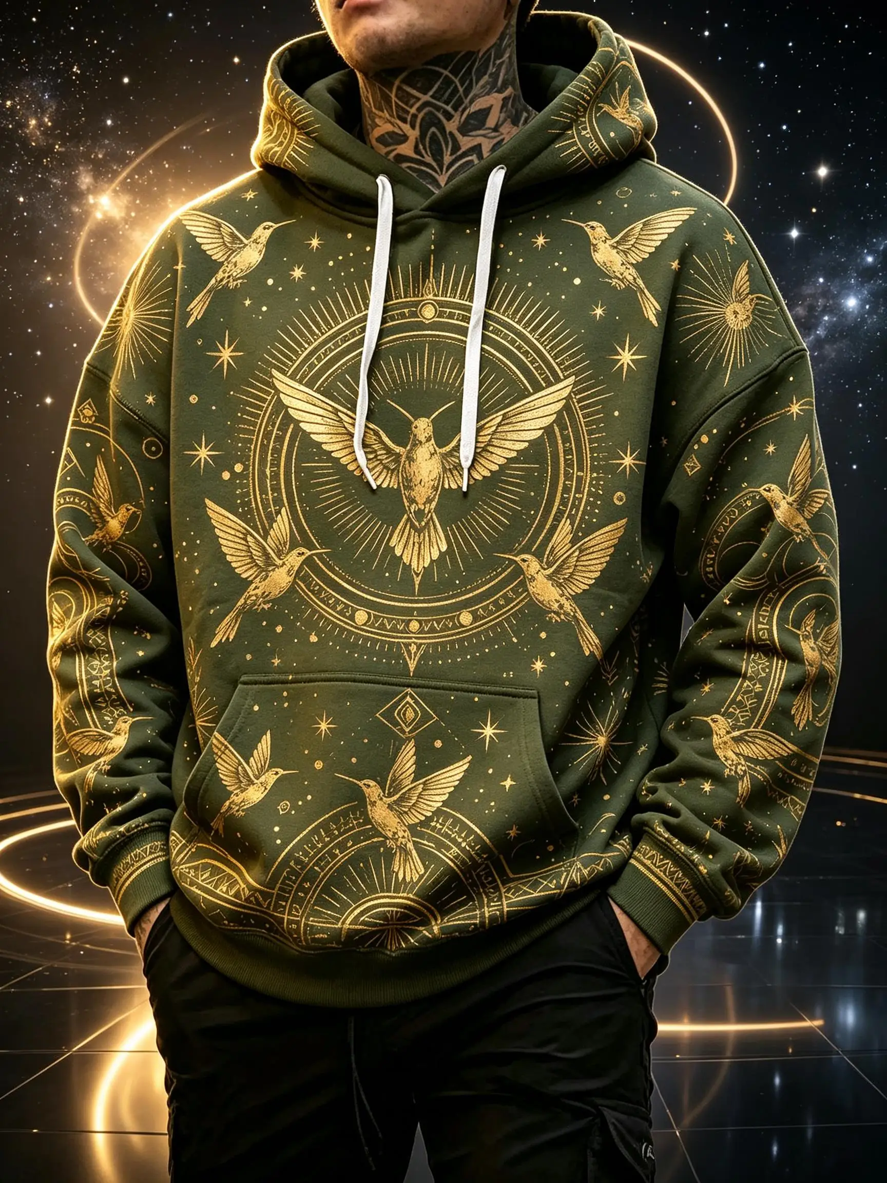Men's Hoodie Navy Gold Hummingbird Star Clock Print Breathable Pullover Sweatshirt for Mystic Party Daily Wear