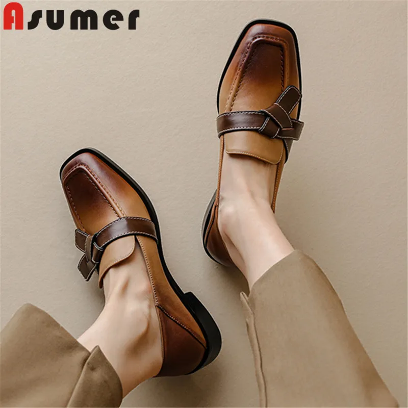 

ASUMER 2024 New Slip On Genuine Leather Footwear Square Low Heels Dress Shoes Woman Retro Ladies Spring Pumps