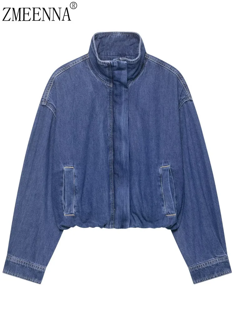 

ZMEENNA Stylish Women's Denim Bomber Jacket Featuring High Collar Full Zip Front And Elasticated Hem For Modern ZM3916