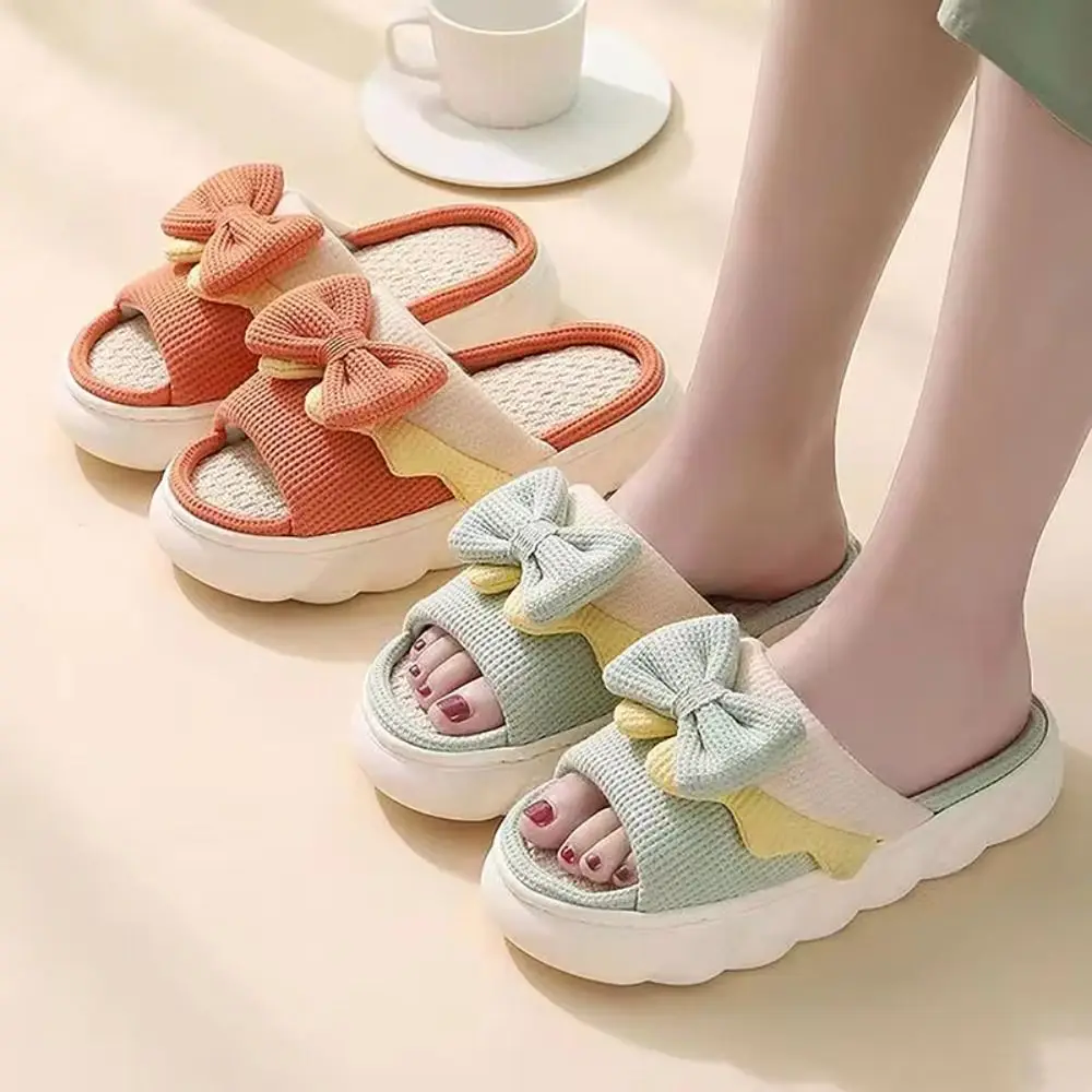 1 Pair Non-Slip Bowknot Woman Linen Slippers Thick Sole Toe and Hole Bowknot Slippers Summer Spring Bowknot Soft Woman Slides