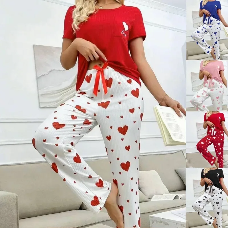 

Love-themed printed design sweet short-sleeved long pants set pure sexy pajamas for summer suitable for women's home wear