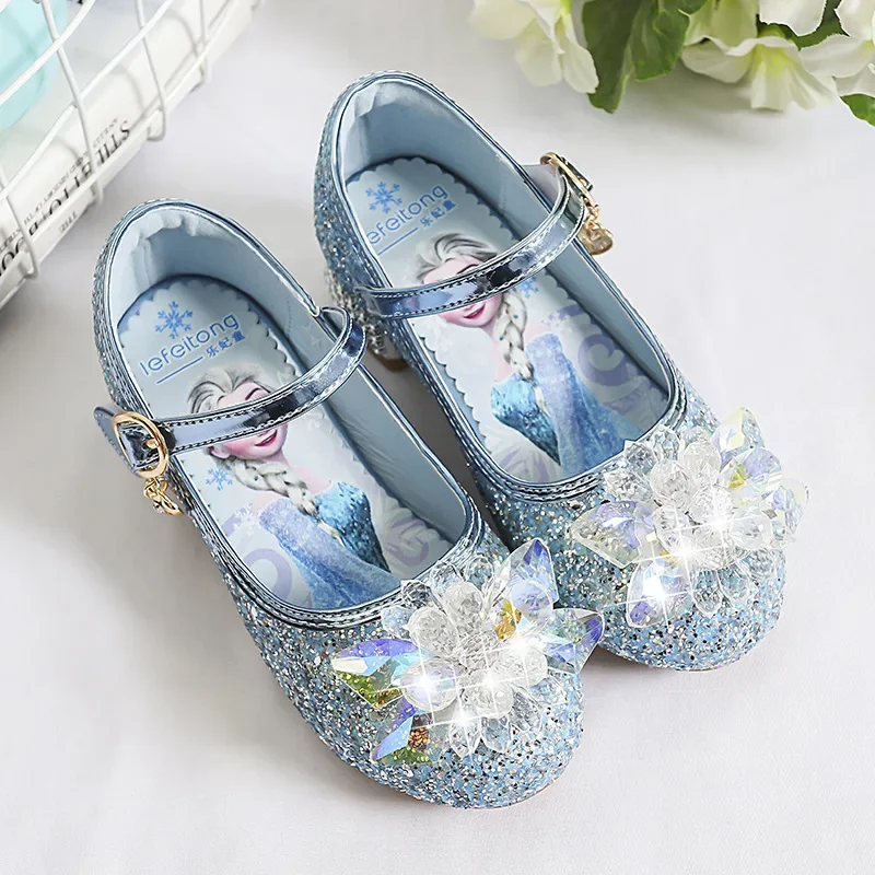 Disney Princess Crystal Shoes New Girls Single Shoes Frozen Aisha Sophia Rhinestones Shoes Performance Elegant Party Shoes