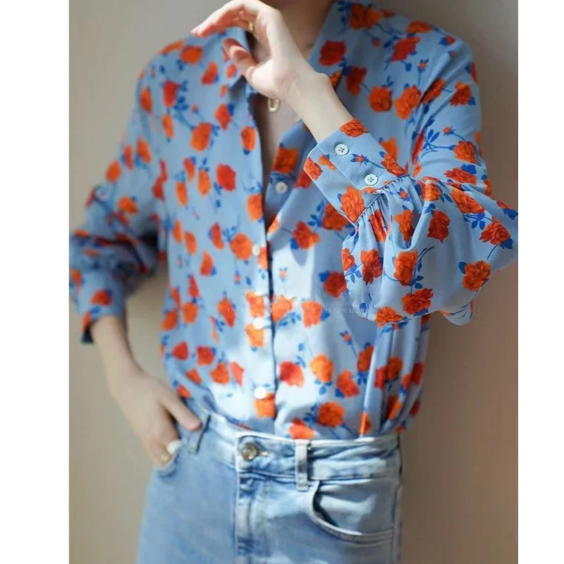 Elegant Vintage Floral Print Blouse for Female Spring Autumn Fashion Korean Long Sleeve Turn-down Collar Shirt Women\'s Clothing