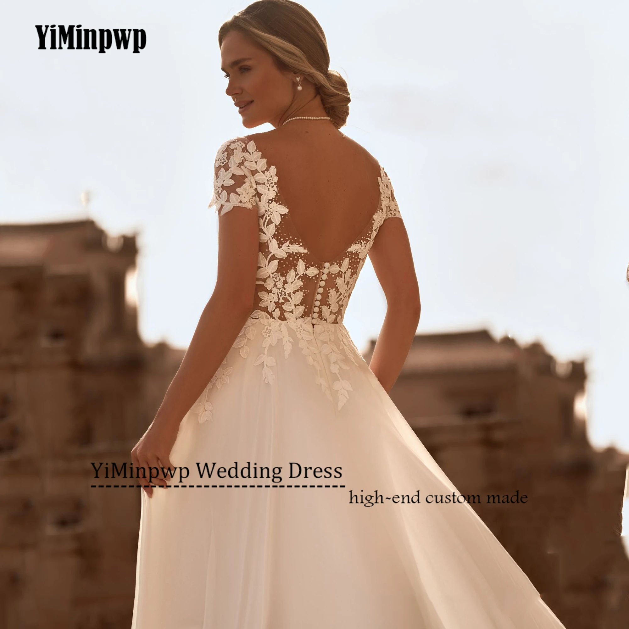 Gaun Pengantin Boho Applique Punggung Terbuka Kustom 2025 Gaun Pengantin Manik-manik Renda Sendok Lengan Pendek Wanita Gaun Pengantin Sifon Gaun Pengantin