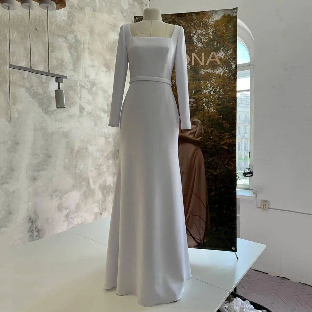 Eenvoudige Zeemeermin Trouwjurken 2025 Met Riem Lange Mouw Bruidsjurken Vierkante Kraag Vintage Bruid Trouwjurk Aangepast