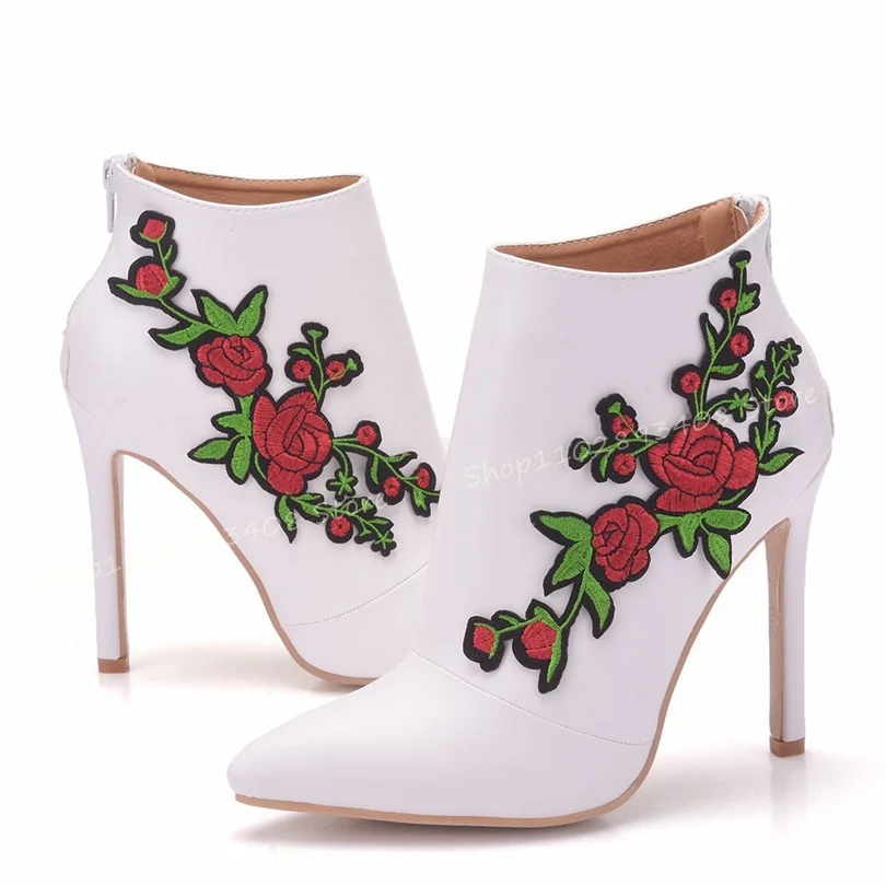 Embroider Flower Ankle Boots Pointed Toe Solid Thin High Heels Side Zipper Women Autumn Fashion Shoes 2023 Zapatos Para Mujere