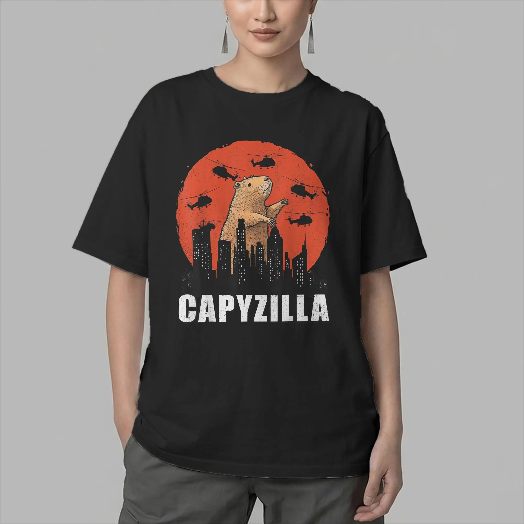 Men T-Shirt Capybara Shirt Funny Capybara Rodent Capyzilla Casual 100% Cotton Tees Short Sleeve T Shirts O Neck Clothes Printed