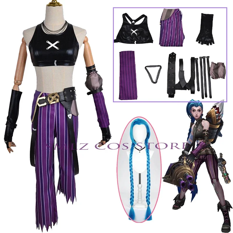 Spiel LOL Arcane Cosplay Jinx Cosplay Anime Kostüm Crit Loli Lose Sexy Uniform Perücke Set Karneval Party Outfit für Frauen Mädchen