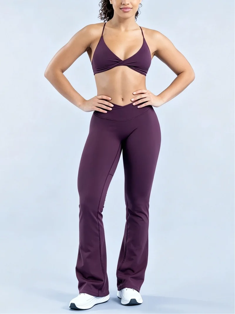 2 Piece Yoga Set Seamless Women Twist Front Sports Bra Vision Flares Leggings Sets Scrunch Butt Cross Waist Gym Flare Pants Set