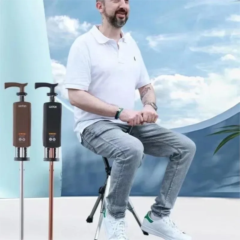 High Quality Aluminum Alloy Foldable Walking Cane Stick With Seat Adjustable Elderly Crutch Chair With Stool