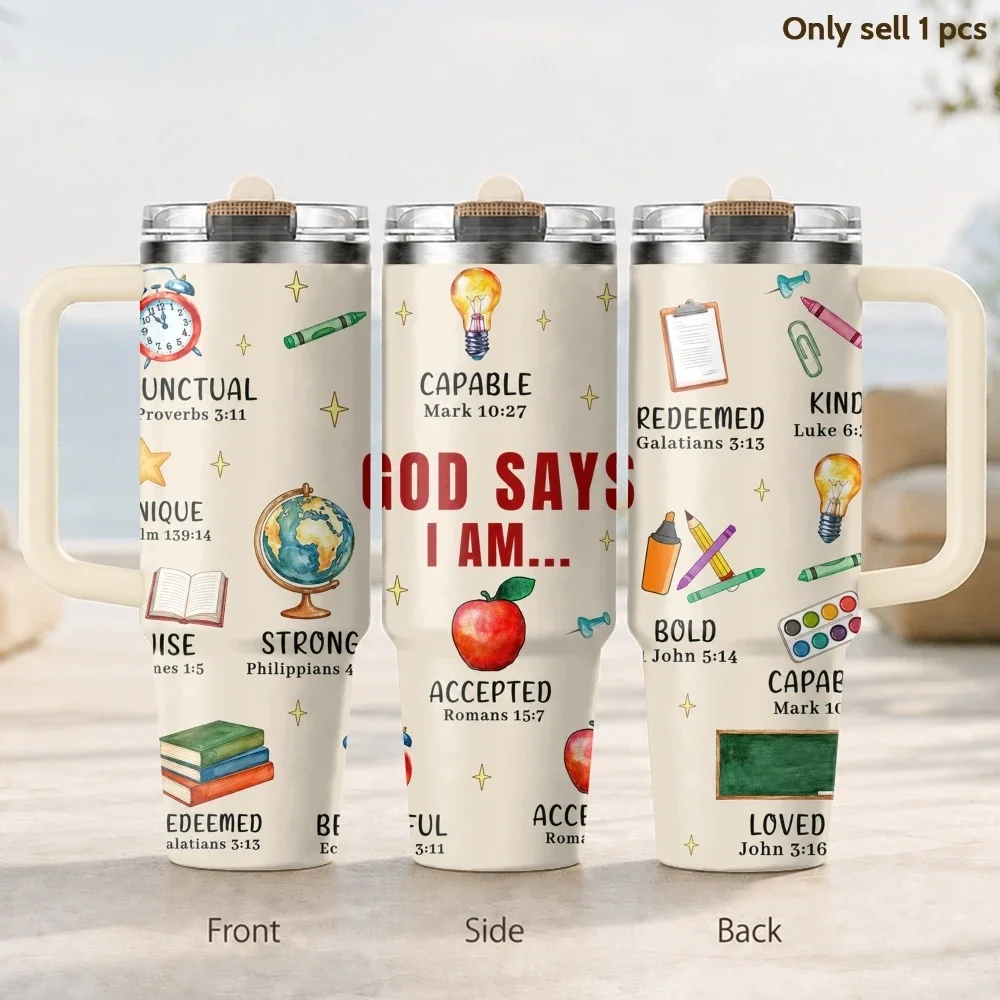 God Says School Faith Art Vacuum Flasks 40oz 3rd Gen Vacuum Insulated Stainless Steel Tumbler Cup With Handle Straw Lid
