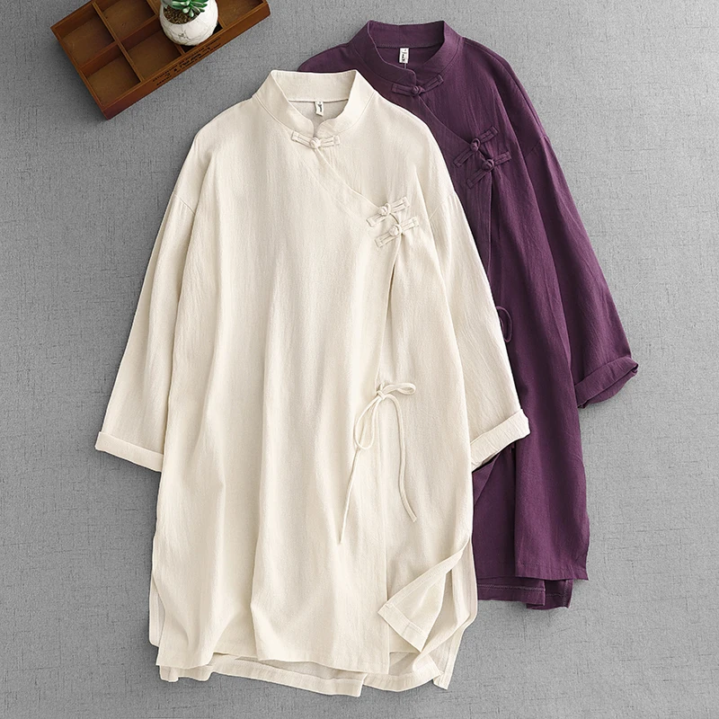 

Новый китайский Sle однотонный хлопковый льняной миди-джерт большого размера, женский весенний топ в стиле дзен с наклонным свеком и отверстием