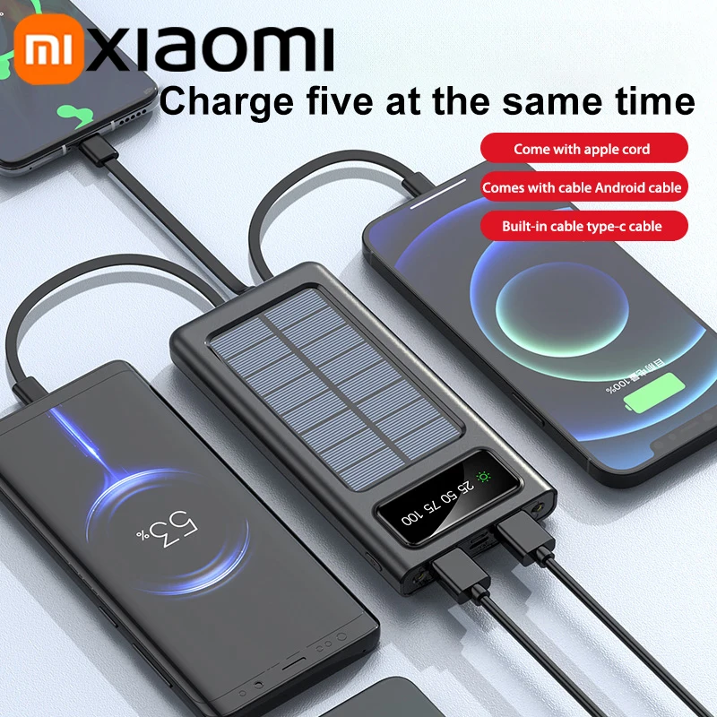 Xiaomi Solar Power Bank 200000 mAh Mobilna bateria o dużej pojemności do szybkiego ładowania z podwójnymi kablami USB 4 do iPhone'a Samsunga