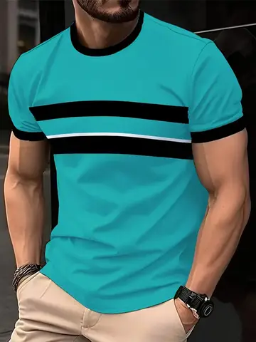 3D 프린트 격자 줄무늬 T 셔츠 남성용 컬러 블록 패턴 반팔 티셔츠 하라주쿠 streetwear 탑 o 넥 티셔츠 의류