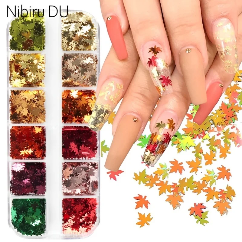 

6/12 Grids Fall Leaf Nail Art Glitter Sequins 3D Flake Holographic Laser Gold Yellow Maple Leaf Shaped For DIY Manicure Decor