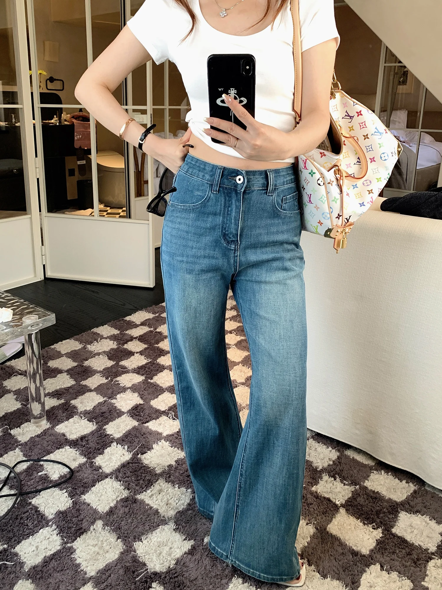 

High Waist Straight Leg Denim Jeans Women's New Style American Retro Flared Pants Spring Summer Ladies Fashion Pure Color