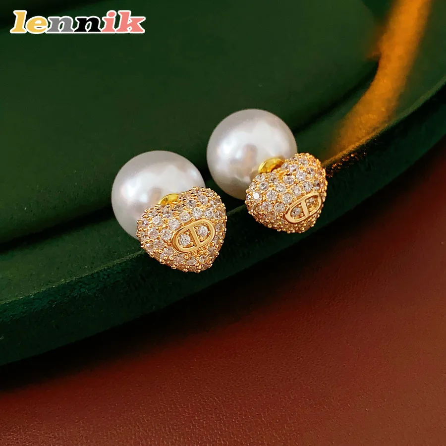 LENNIK Real Gold Plated Silver Needle Heart-Shaped Pearl Earrings, French Retro Light Luxury Earrings, Versatile for Daily/Party