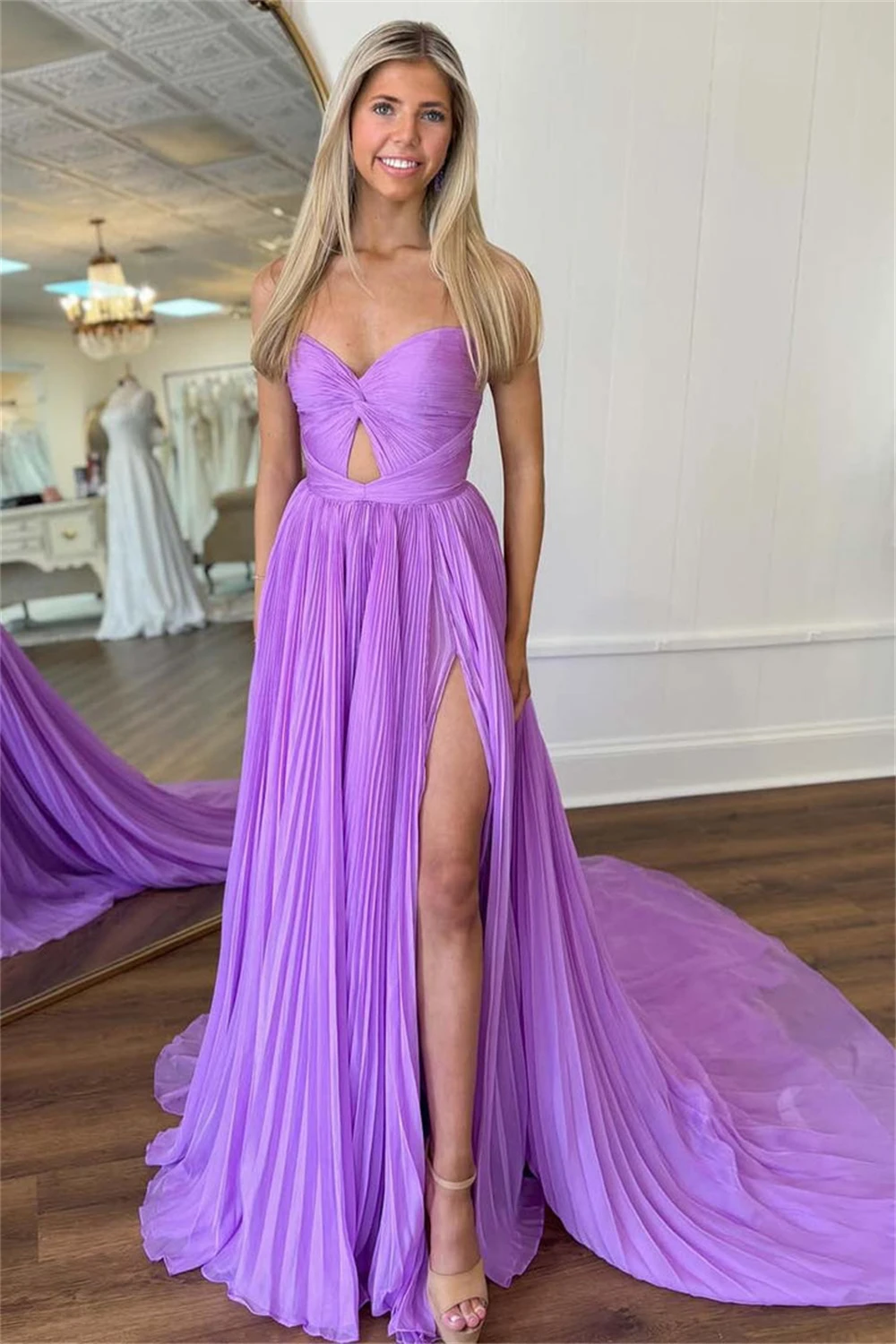 

Chiffon Sweetheart Keyhole Design Bridesmaid Dresses With Split Formal Evening Dress Pleated Corset Sleeveless Ball Gowns 2024