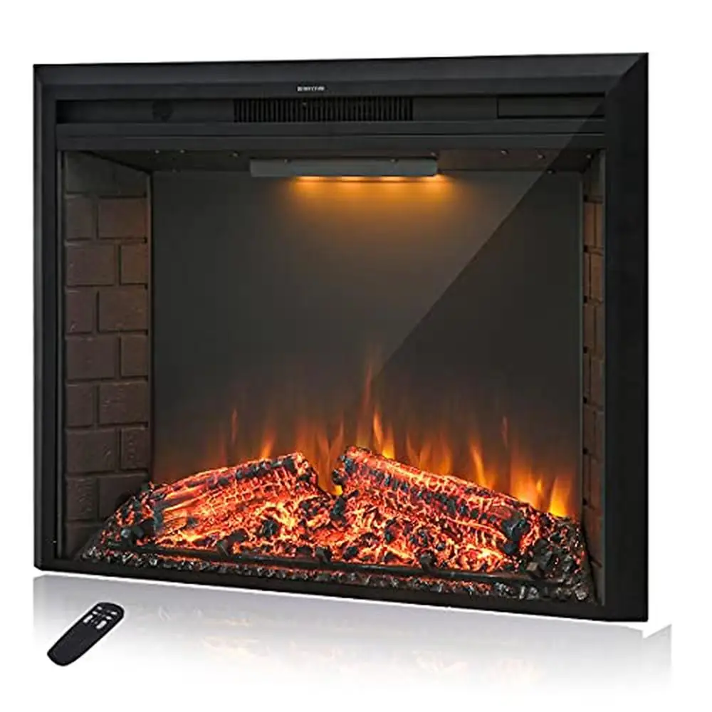 36'' Retro Recessed Electric Fireplace Insert Heater Fire Cracking Sound Remote Control Timer Black Brick Wall Style Ideal Home