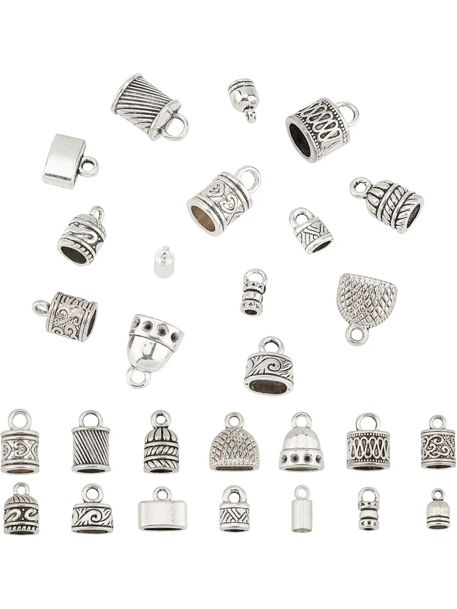 Tampa de extremidade de cabo 140 peças, 14 estilos de cola de liga em tampas de extremidade de cabo de couro, tubo de contas, fecho de laço de barril para borla, brinco