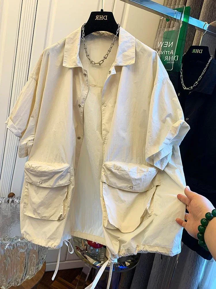 

Large Size Double Pocket Blouse Women Chinese Style Splicing Short Sleeved Womens Tops Loose Design Sense Sun Protection Tops