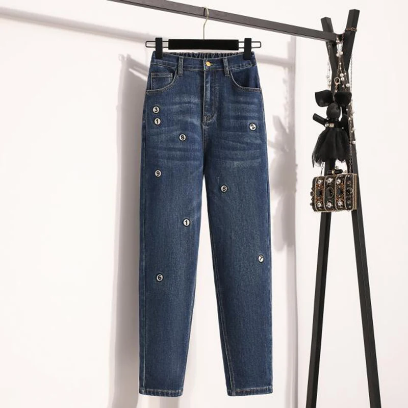 Women's high waisted loose embroidered elastic waist jeans autumn new fashion slimming versatile casual simple Harun pants