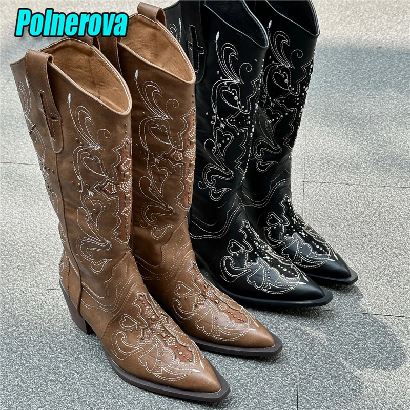 

Embroidered Rivet Knight Boots Autumn Winter New Women's Western Cowboy Boots Thick Heels Pointed Toe Slip-On Spicy Long Boots