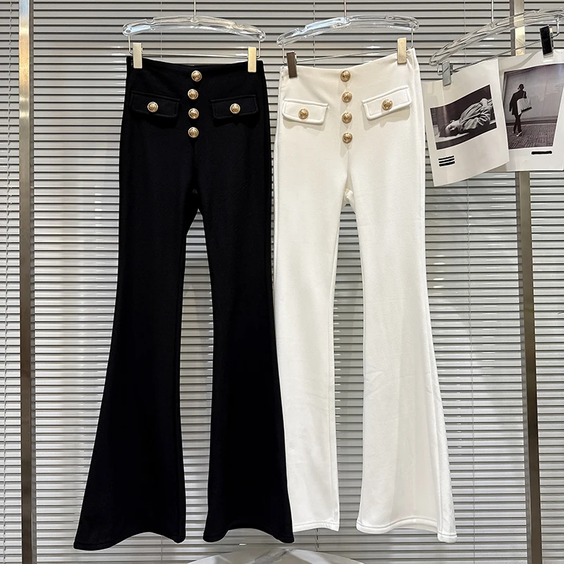 2025 Winter New Style Elegant Metal Buckle with Velvet High Waist Slimming Micro Flared Trousers Women's Fashion Pants