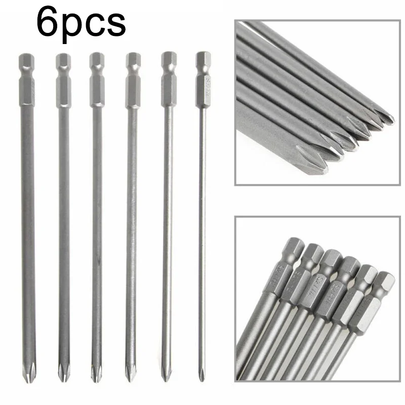 150mm Long Cross Screwdriver Bits 6Pcs Carpentry Household Magnetic Parts Power Silver Tool Workshop 1/4'' Shank