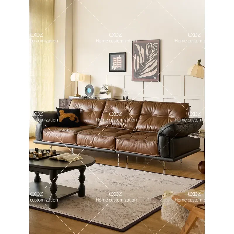 Antique Retro Oil Wax Leather Sofa Minimalist Light Luxury Straight 3 Seater Living Room Furniture Module Set